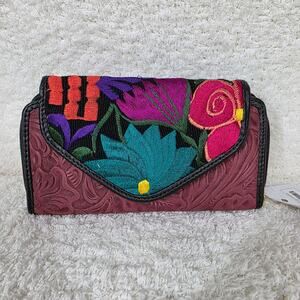 Deep Red Mexican Handmade Embroidered Floral Embossed Leather Wallet